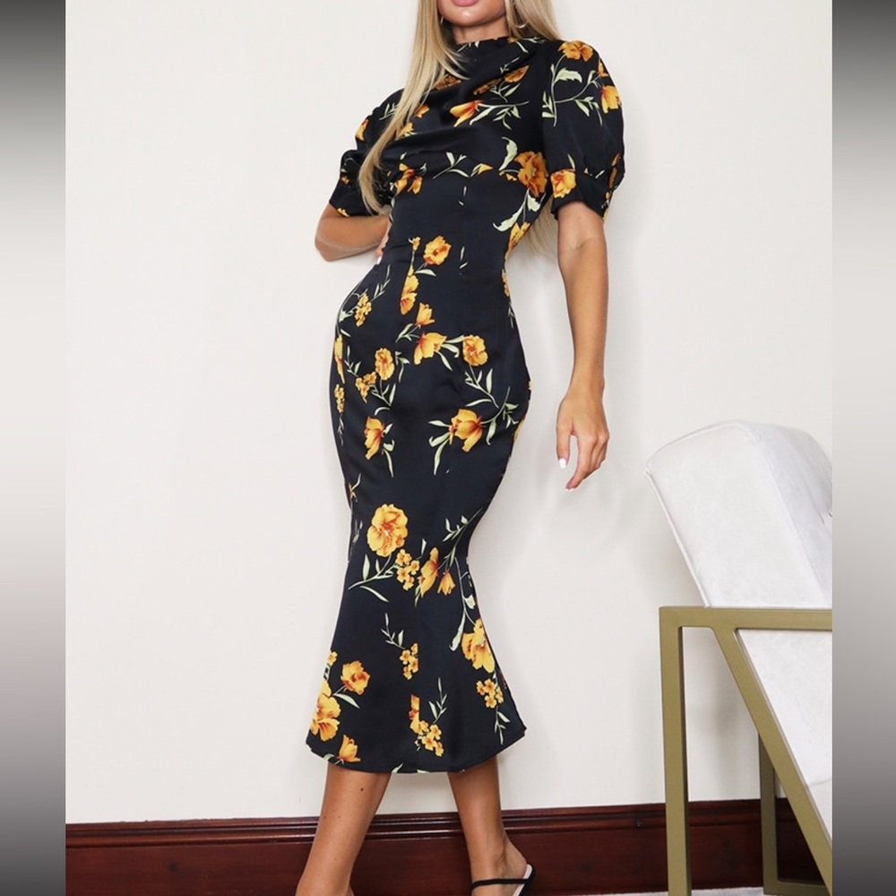BLACK FLORAL MIDI DRESS